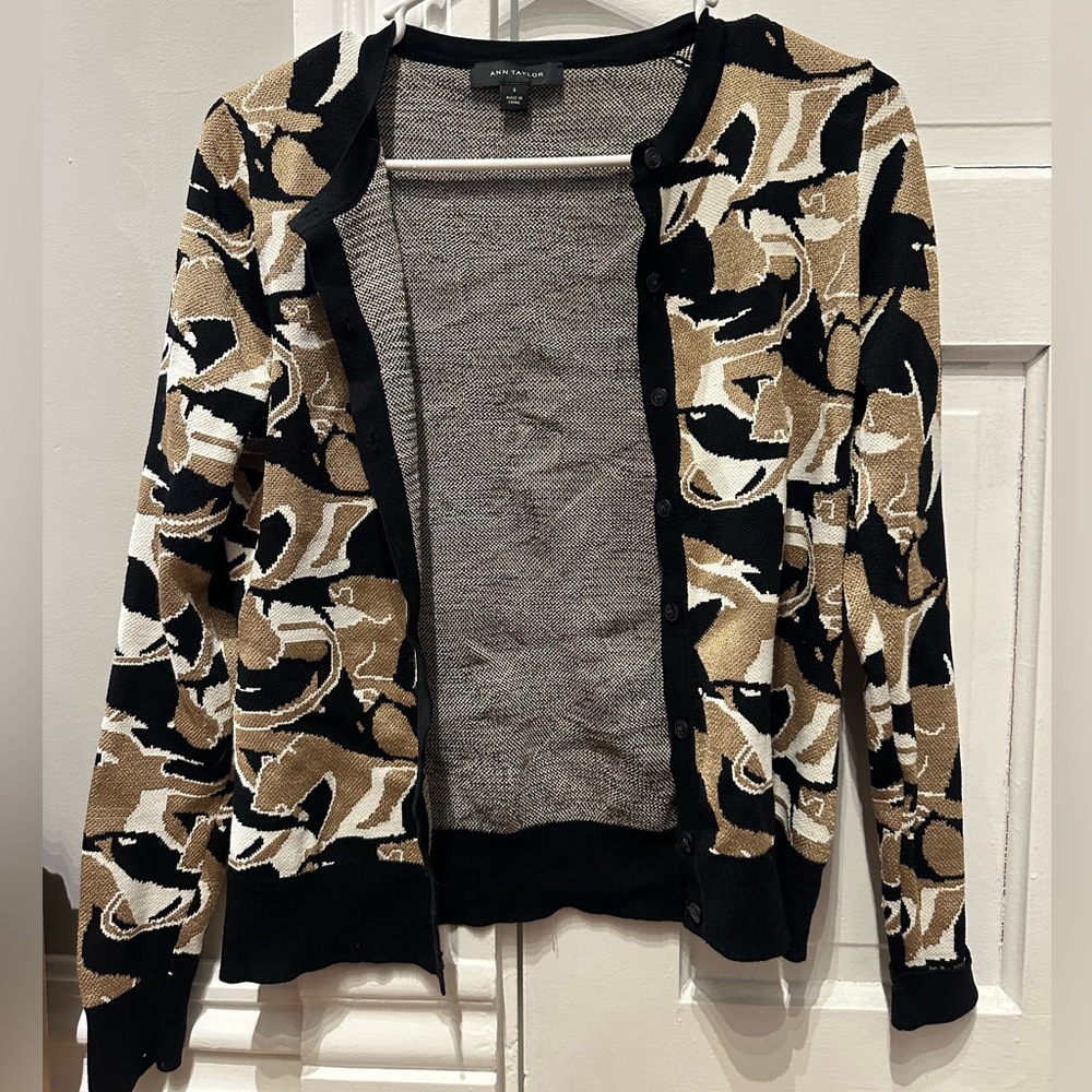 Ann Taylor Black and Camel Abstract Knit Cardigan